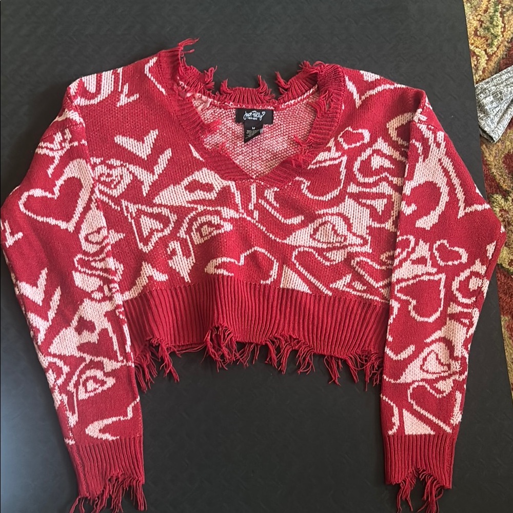 Red and Cream Heart Patterned Cropped Sweater